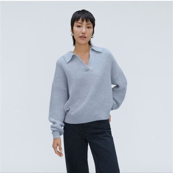 Everlane Baby Blue THE ALPACA WAFFLE-STITCH POLO Sweater S - Picture 6 of 13